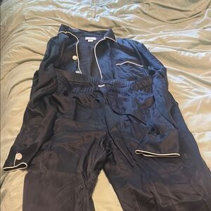 Elegant navy Blue with white piping mulberry silk Pajama Set